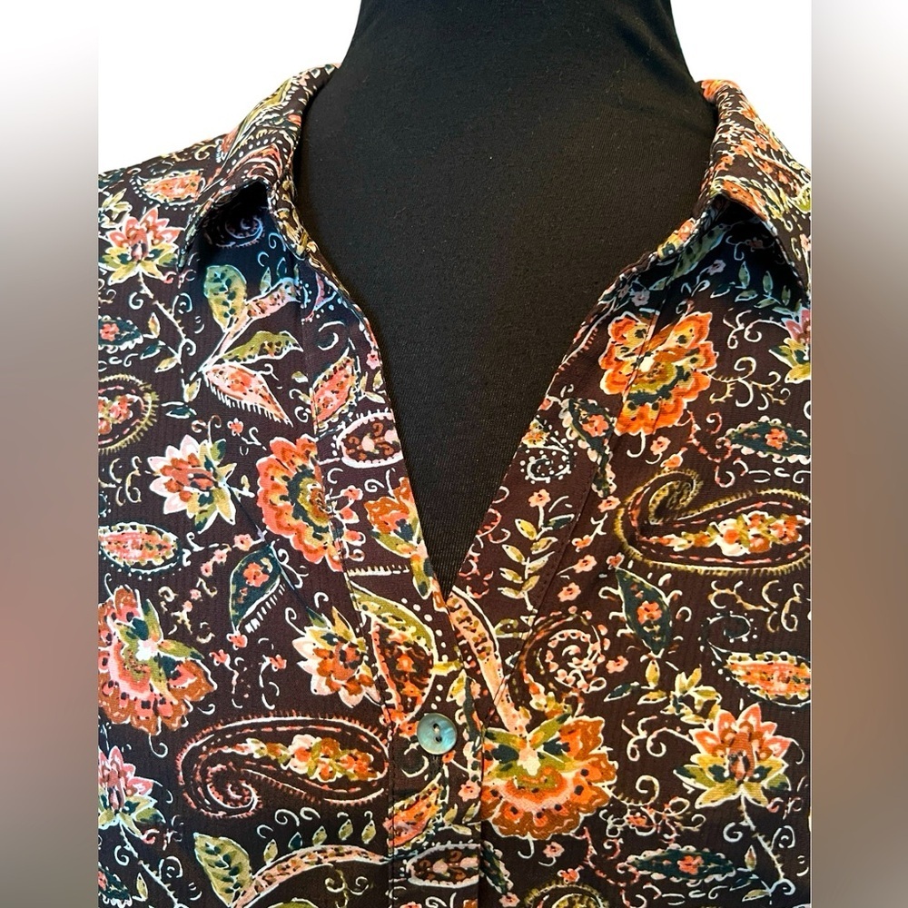 J.Jill Woman’s Button Down Long Sleeve Brown, Orange Green Paisley Medium Petite
